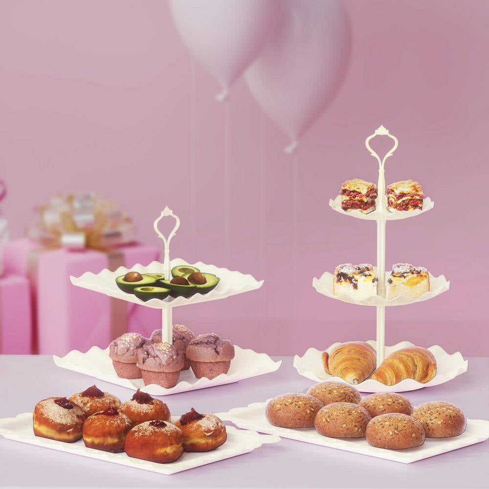6-Piece 3-Tier White Plastic and 4-Piece Cake Stand Serving Trays for Tea Party Wedding