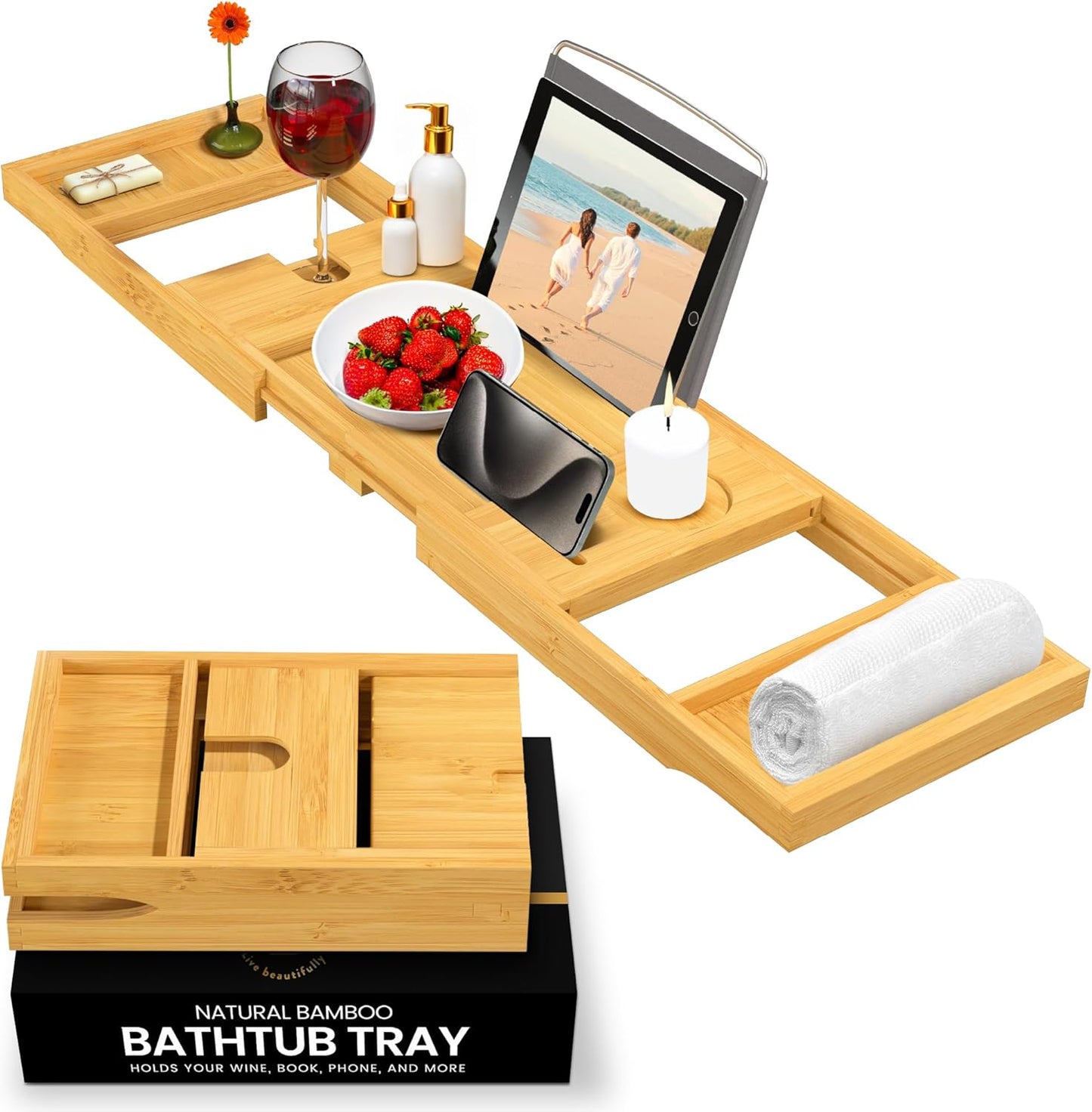 Wooden Bathtub Tray - Foldable Expandable Bamboo Bath Tray for Tub with Wine Holder, Book & Tablet Stand - Bath Caddy for Bathtub, Spa Bath Accessories for Women, Tub Tray Table, Gift for Her or Him
