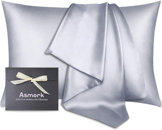 100% Mulberry Silk Pillowcase for Hair and Skin, Both Side 19 Momme Real Silk, Hidden Zipper Washable Pure Silk Bed Pillowcase Covers, Envelope Gift Box,1Pc(Silver Grey, Standard 20''×26'')