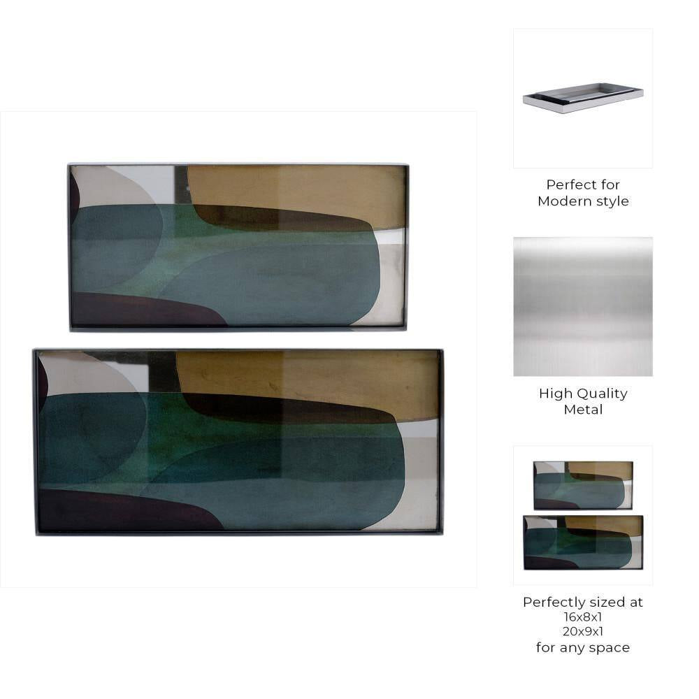 Green 16 In. and 20 In. Metal Modern Decorative Tray (Set of 2)