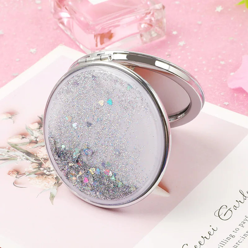 Portable Double-Sided Folding Cosmetic Mirror Female Gifts with Flowing Sparkling Sand Mini Makeup Mirror Compact Pocket Mirrors