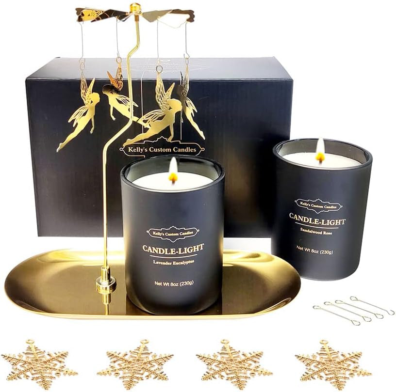 Rotating Candle Set, Candles for Women - Sandalwood Rose & Lavender Eucalyptus, Angel+Snowflake Design, Aromatherapy, Stress Relief, 2X16 Oz, Black
