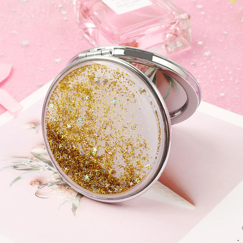 Portable Double-Sided Folding Cosmetic Mirror Female Gifts with Flowing Sparkling Sand Mini Makeup Mirror Compact Pocket Mirrors