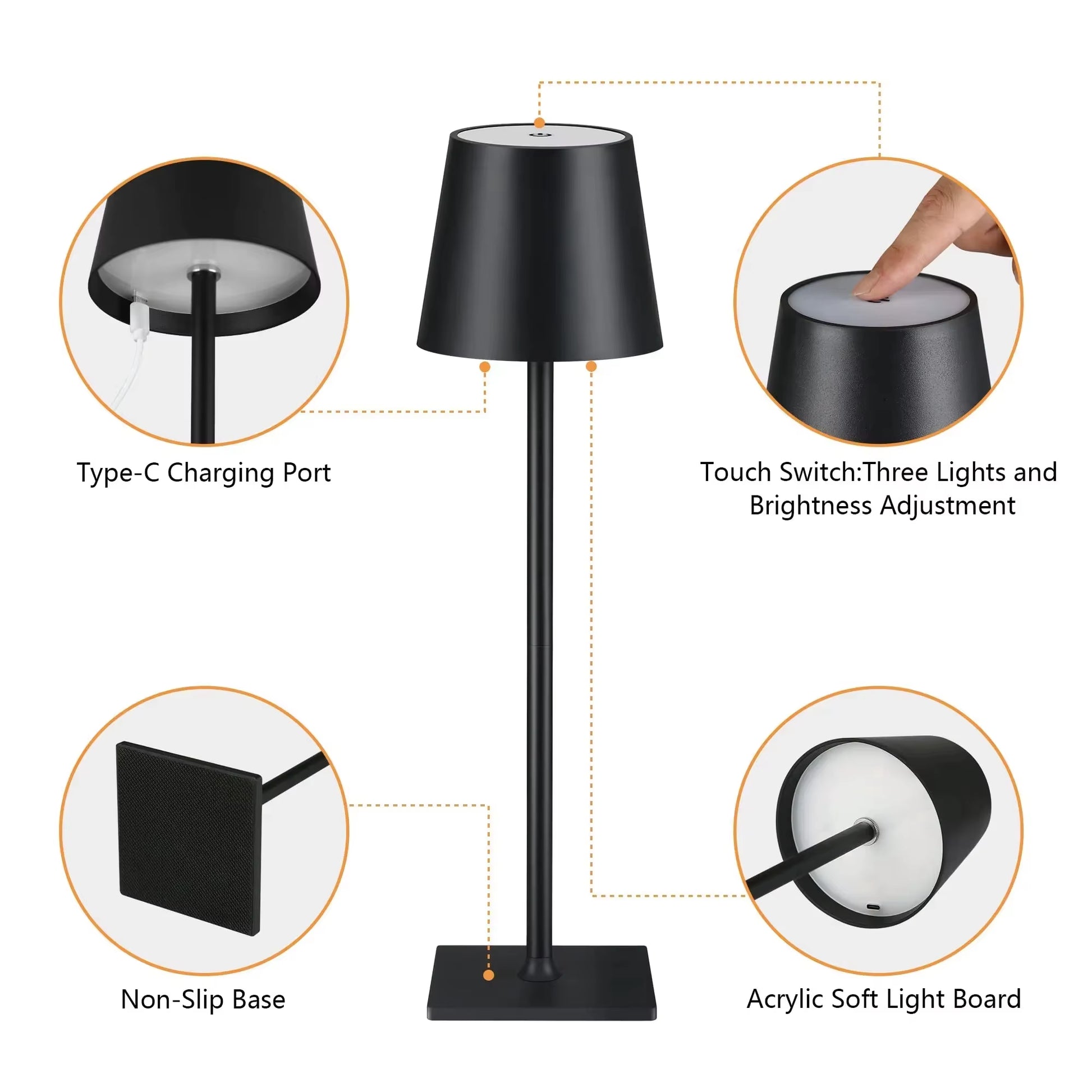 3 Color Temperature LED Eye Protection Table Lamp Stepless Dimming Touch Control Rechargeable Batter for Living Room Dining Room