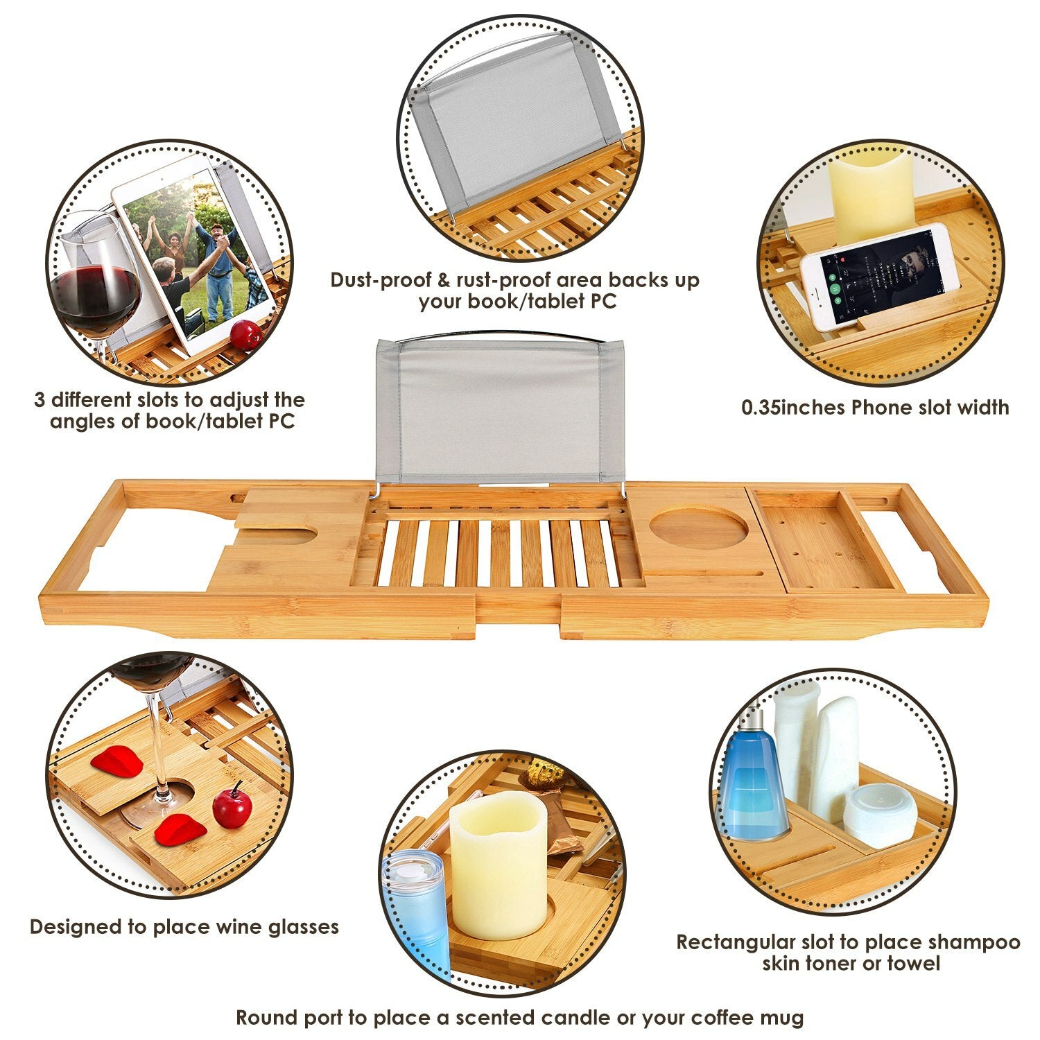 Bamboo Bath Tray Table Bathtub Caddy Tray over the Tub Shelf Bath Holder Desk