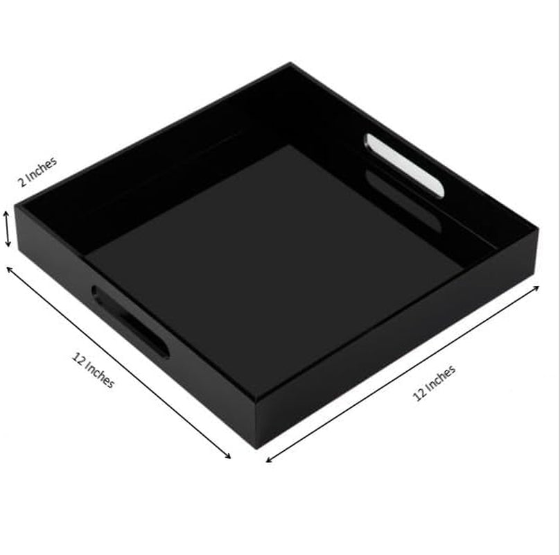 Glossy Black Sturdy Acrylic Serving Tray with Handles - 12X12 Inch Multipurpose Tray for Coffee, Appetizers, Breakfast, and More