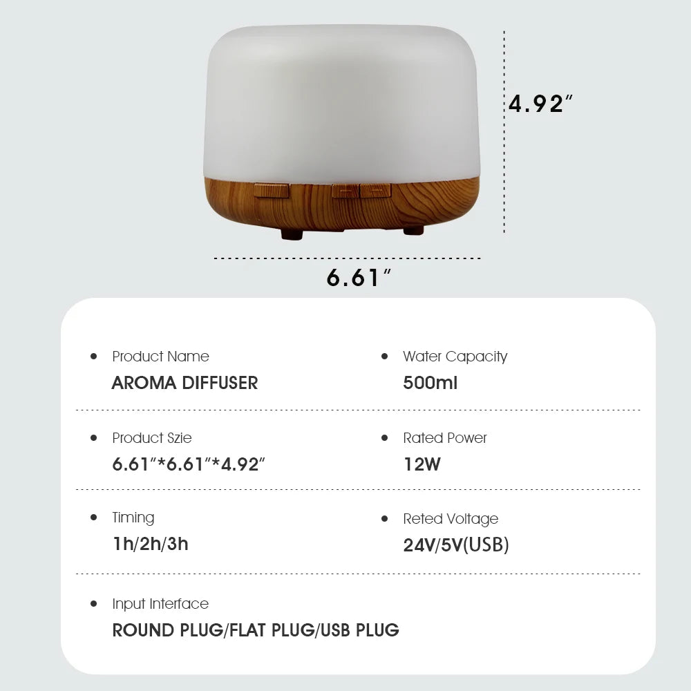 500Ml Essential Oil Diffuser Quiet Aroma Mist Diffusers Ultrasonic Air Humidifier Remote Control Timing Function with Lights