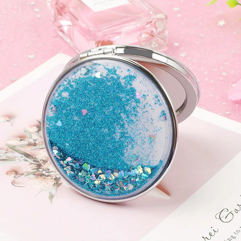Portable Double-Sided Folding Cosmetic Mirror Female Gifts with Flowing Sparkling Sand Mini Makeup Mirror Compact Pocket Mirrors