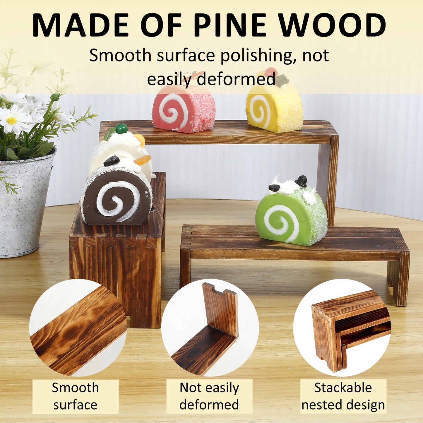 3Pcs Wooden Display Rise Stand Rectangular Shelf for Perfume Figure Storage Rack Cake Display Shelf for Wedding Party Decor