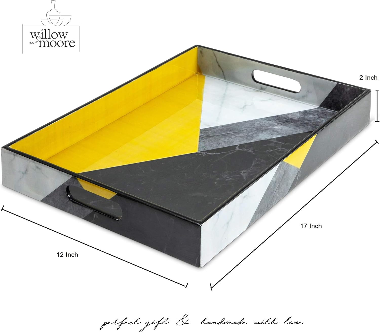 Large Decorative Serving Tray for Coffee Table, Yellow Serving Tray, Ottoman Tray Home Decor, Wooden Trays with Handles, Coffee Table Tray, Wood Tray for Coffee Table. Ideal for Home & Entertaining.