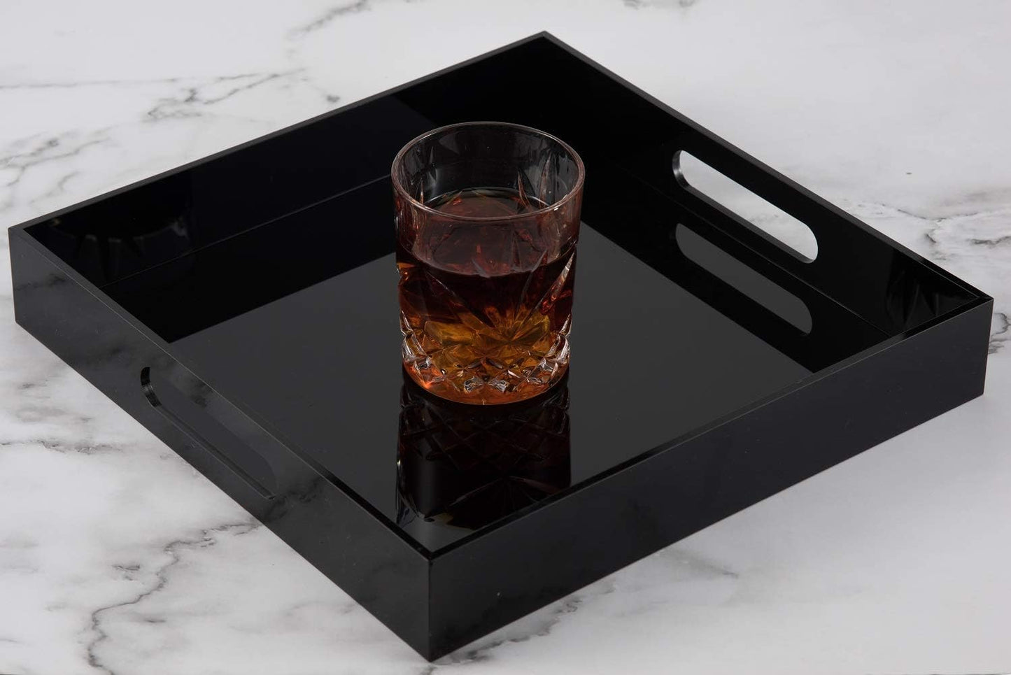 Glossy Black Sturdy Acrylic Serving Tray with Handles - 12X12 Inch Multipurpose Tray for Coffee, Appetizers, Breakfast, and More