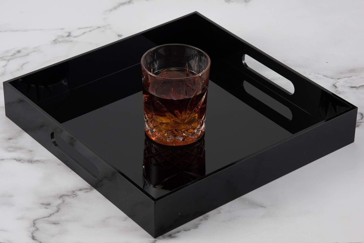 Glossy Black Sturdy Acrylic Serving Tray with Handles - 12X12 Inch Multipurpose Tray for Coffee, Appetizers, Breakfast, and More