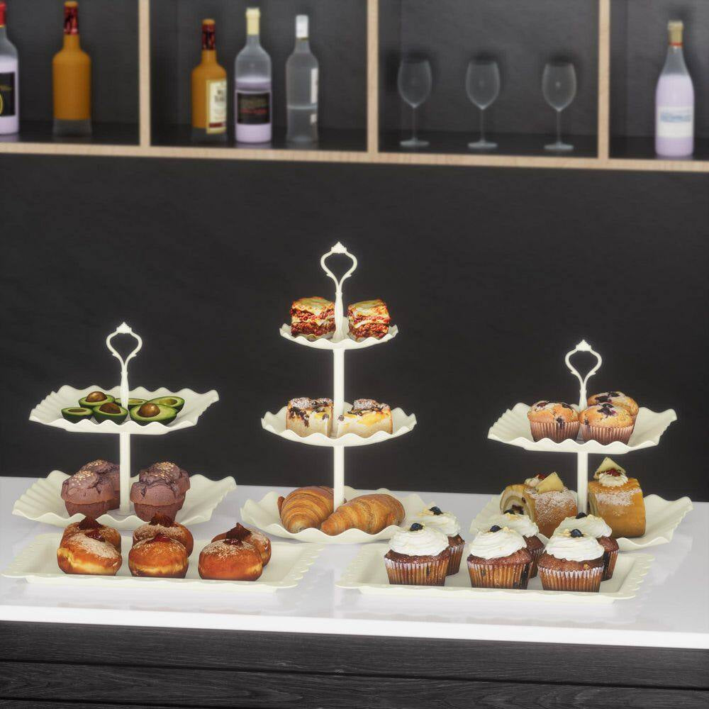 6-Piece 3-Tier White Plastic and 4-Piece Cake Stand Serving Trays for Tea Party Wedding