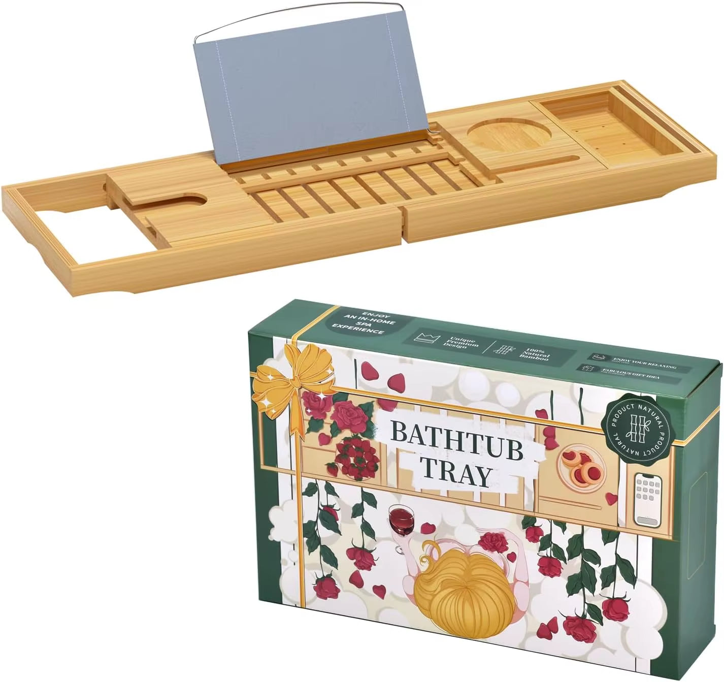 Expandable Bamboo Bathtub Tray with Book, Tablet, Wine Holder - Luxury Wooden Caddy Gift Idea