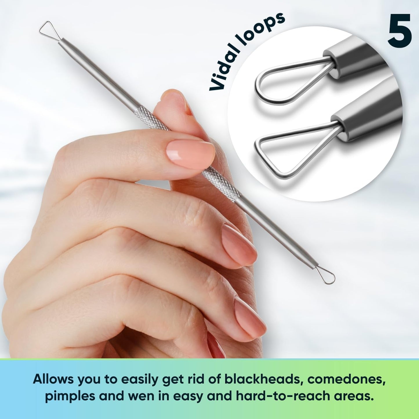 Ultimate Blackhead Removal Skincare Tools Set, Vidal Loops, Uno Spoon, 5 in 1, Metal Storage Case