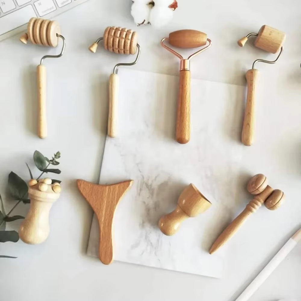 New 6/7/8Pcs/Set Wooden Facial Massage Tools Roller Anti-Aging Face Massager Kit Durable Scraping Board Manual Massage Tools