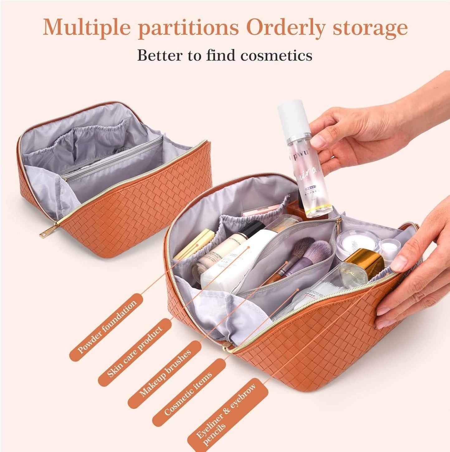 Large Capacity Travel Cosmetic Bag-Pu Leather Travel Makeup Bag with Compartments,Waterproof Cosmetic Bags for Women Make up Organizers and Storage Travel (Vitality Orange)