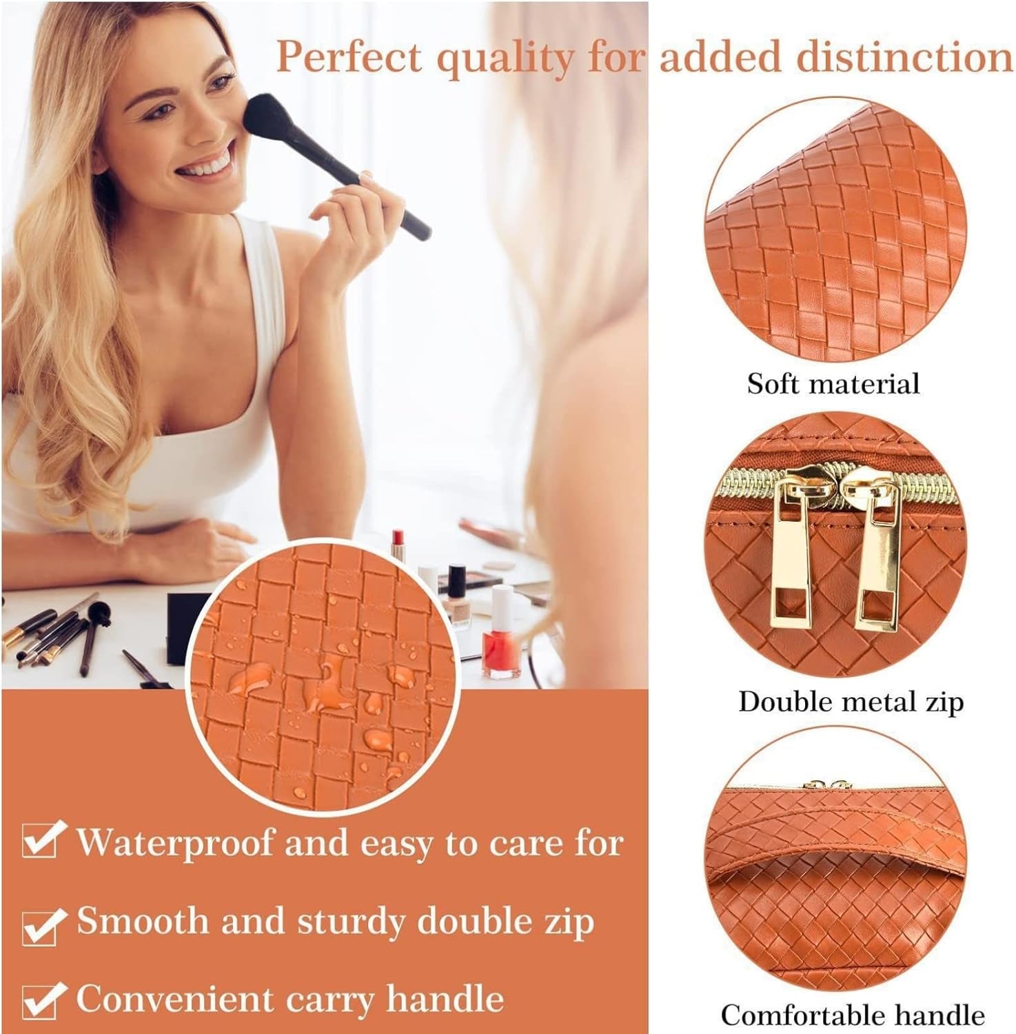 Large Capacity Travel Cosmetic Bag-Pu Leather Travel Makeup Bag with Compartments,Waterproof Cosmetic Bags for Women Make up Organizers and Storage Travel (Vitality Orange)