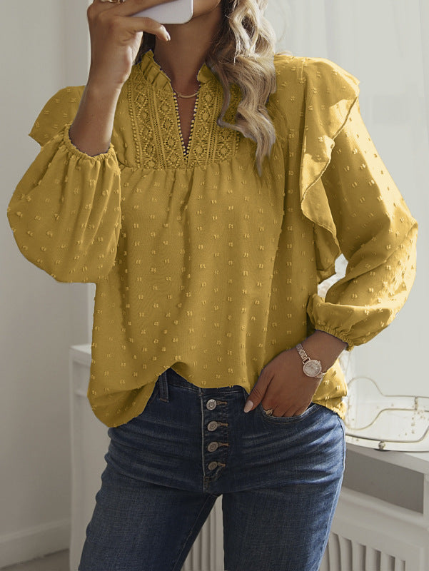 Eviana Ruffled Lantern Sleeve Lace Panel Shirt Top