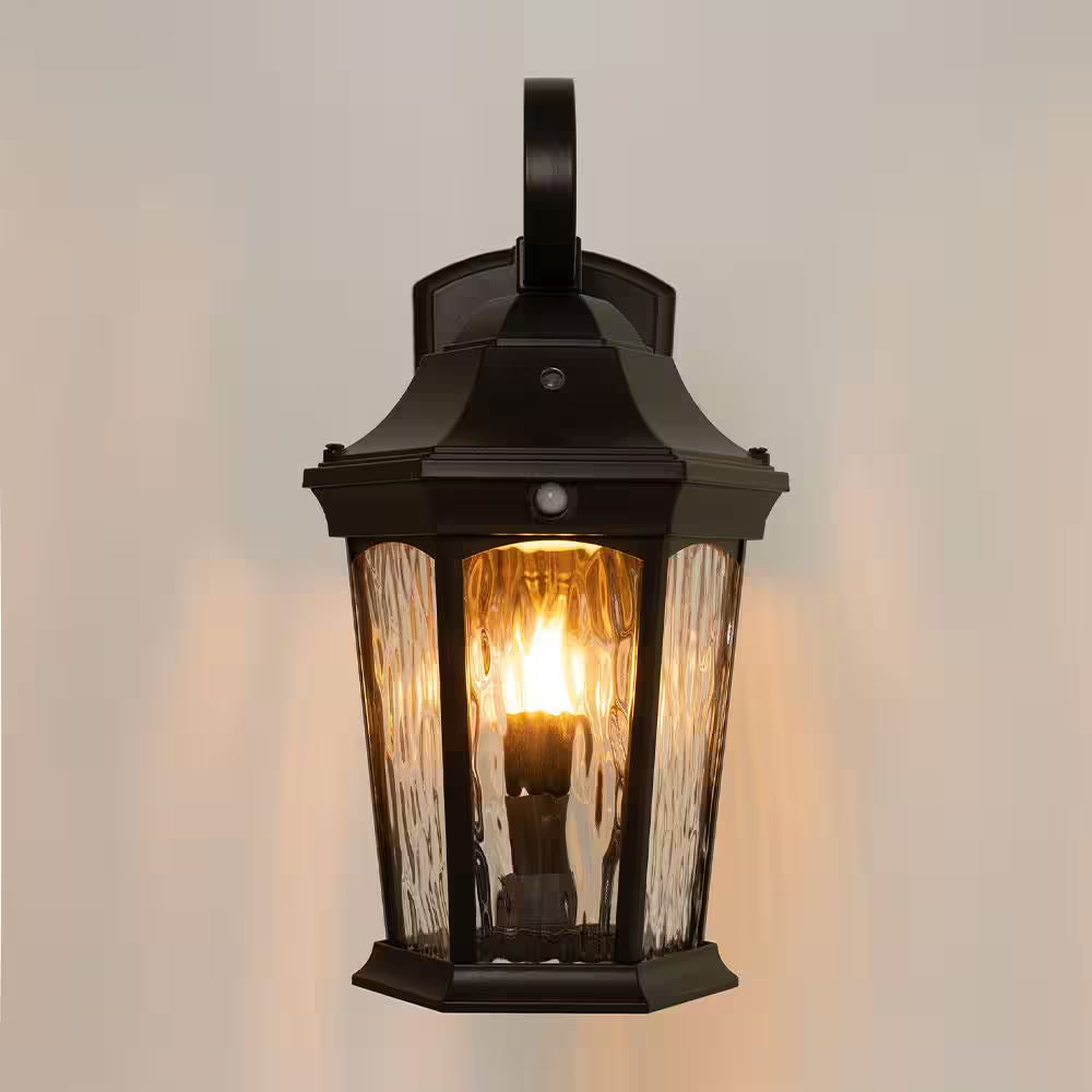 15.9 In. Bronze Integrated LED Outdoor Wall Light Lantern Sconce with Flickering Bulb, Motion Sensor, and Photocell