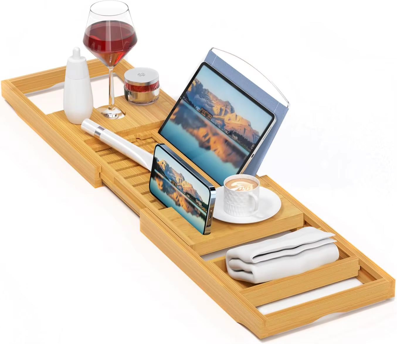 Expandable Bamboo Bathtub Tray with Book, Tablet, Wine Holder - Luxury Wooden Caddy Gift Idea