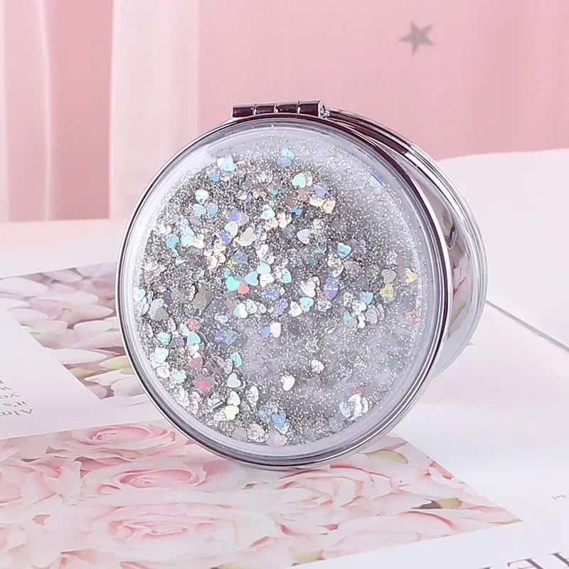 Portable Double-Sided Folding Cosmetic Mirror Female Gifts with Flowing Sparkling Sand Mini Makeup Mirror Compact Pocket Mirrors