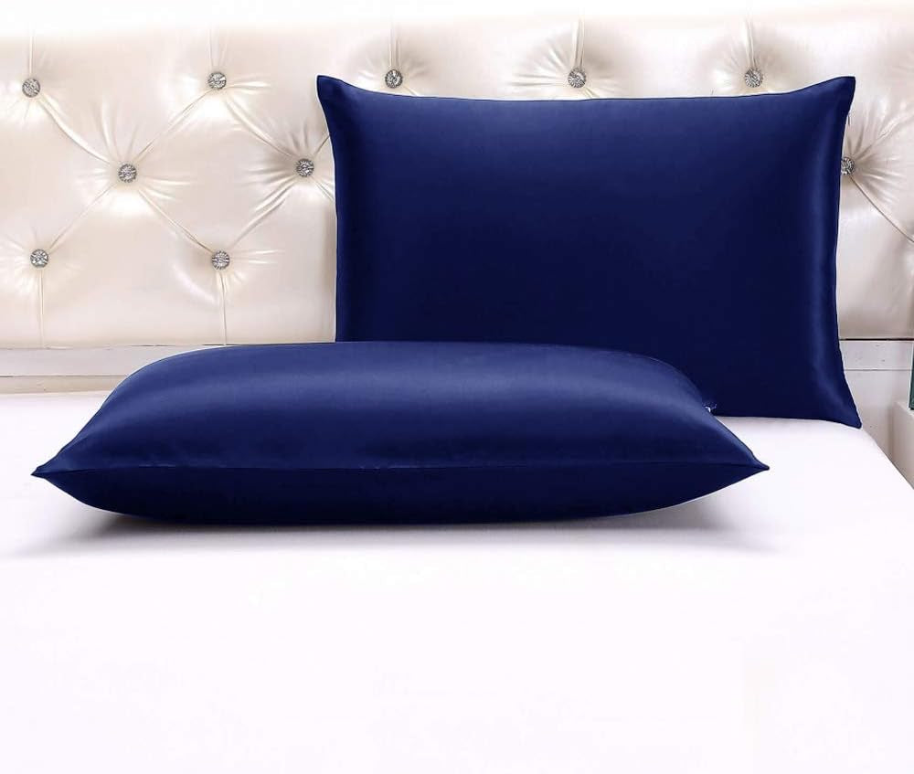 Silky Satin Pillow Cases Set of 2, Soft Satin Pillowcases for Hair and Skin, Satin Pillow Covers with Zipper Closure, Standard Size 20X26 Inches, Navy