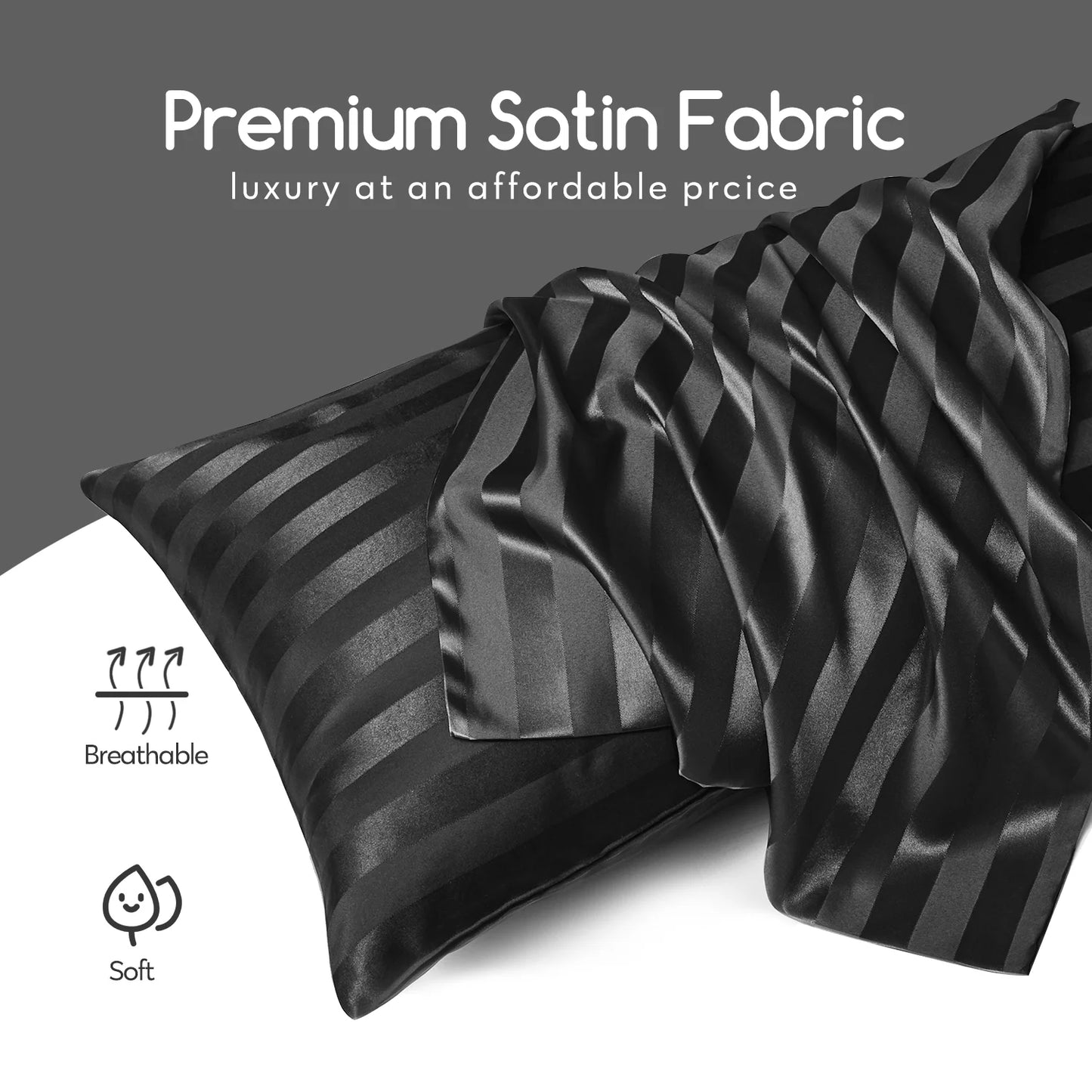 Satin Pillow Case, 2 Pack Satin Standard Silky Pillowcase for Hair and Skin, Satin Pillowcase Set of 2, 20X26, Black Striped