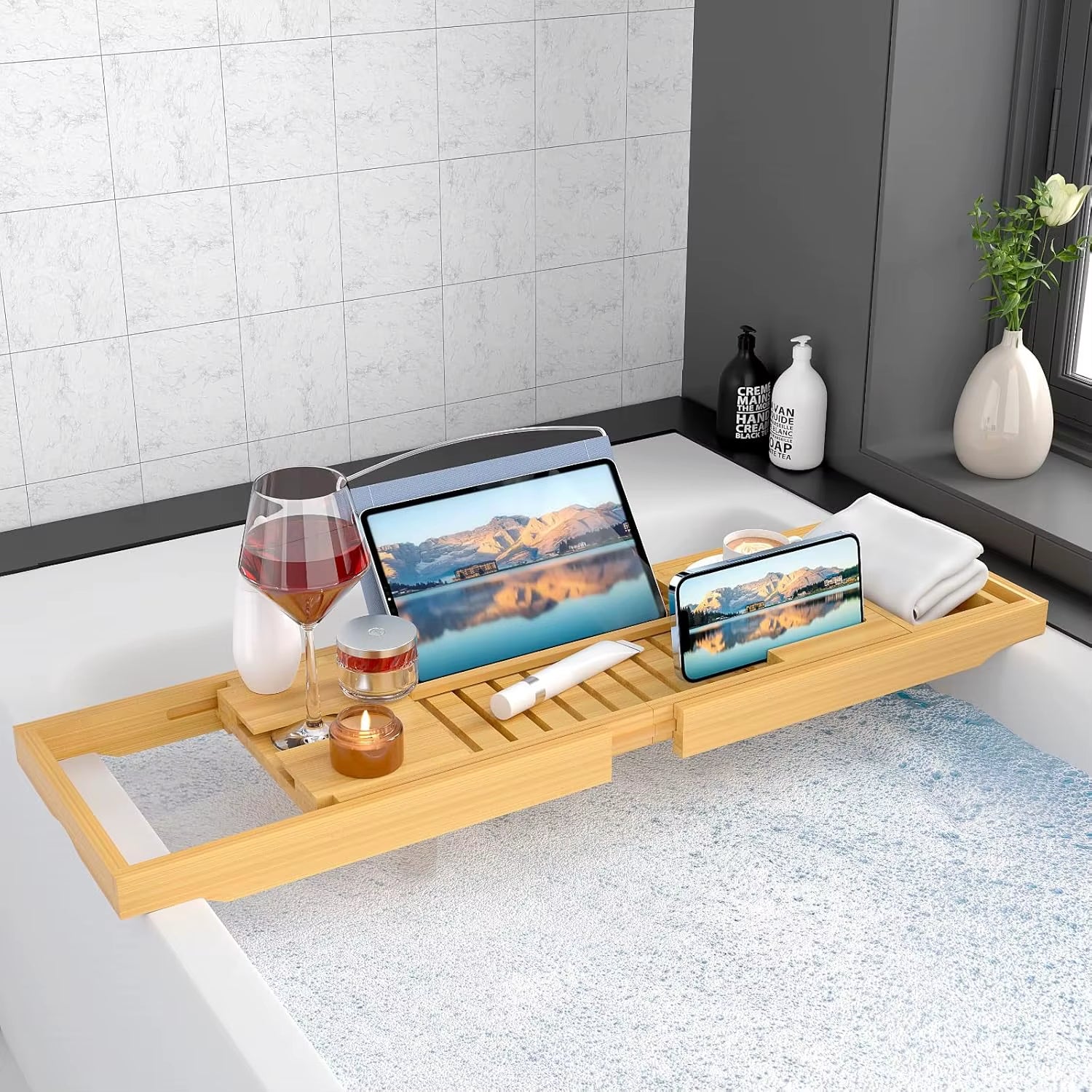 Expandable Bamboo Bathtub Tray with Book, Tablet, Wine Holder - Luxury Wooden Caddy Gift Idea
