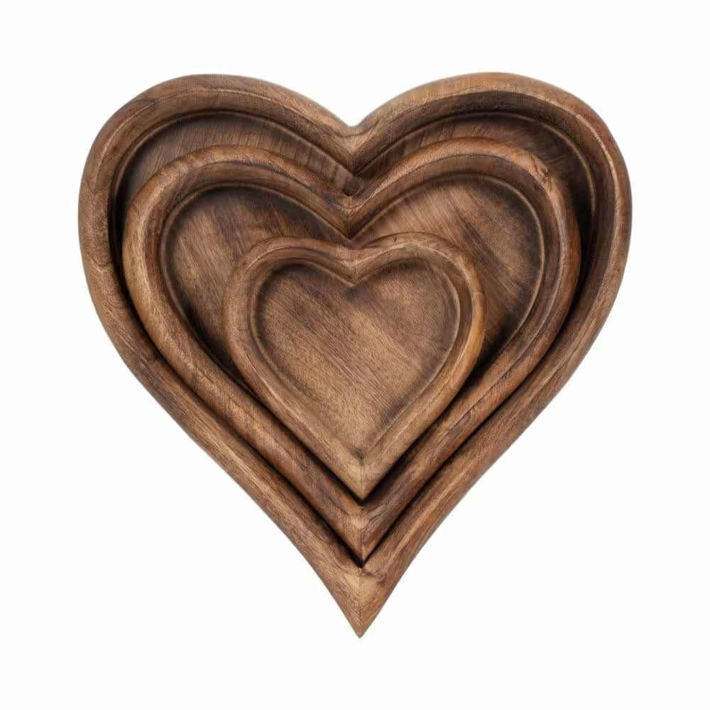 Dark Brown 7/11/14 In. Wood Heart-Shaped Decorative Trays (Set of 3)