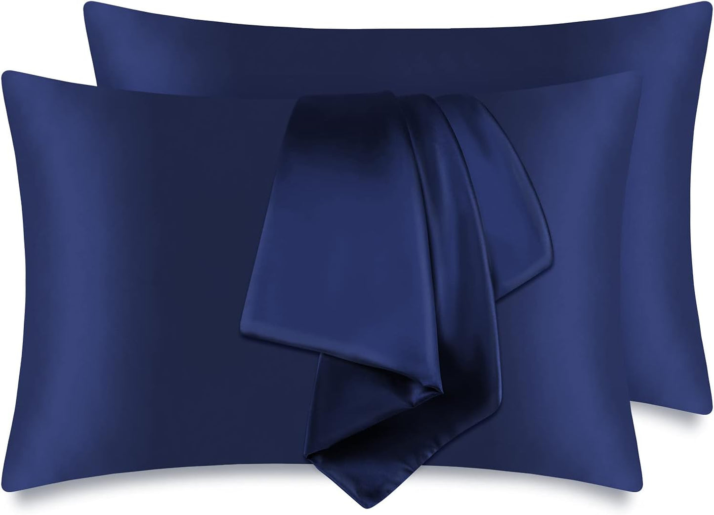 Silky Satin Pillow Cases Set of 2, Soft Satin Pillowcases for Hair and Skin, Satin Pillow Covers with Zipper Closure, Standard Size 20X26 Inches, Navy