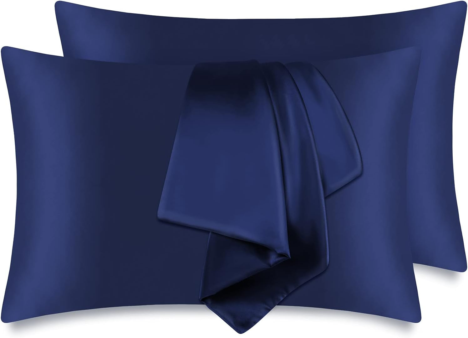 Silky Satin Pillow Cases Set of 2, Soft Satin Pillowcases for Hair and Skin, Satin Pillow Covers with Zipper Closure, Standard Size 20X26 Inches, Navy