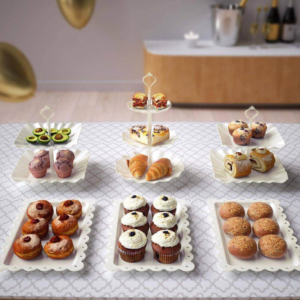 6-Piece 3-Tier White Plastic and 4-Piece Cake Stand Serving Trays for Tea Party Wedding