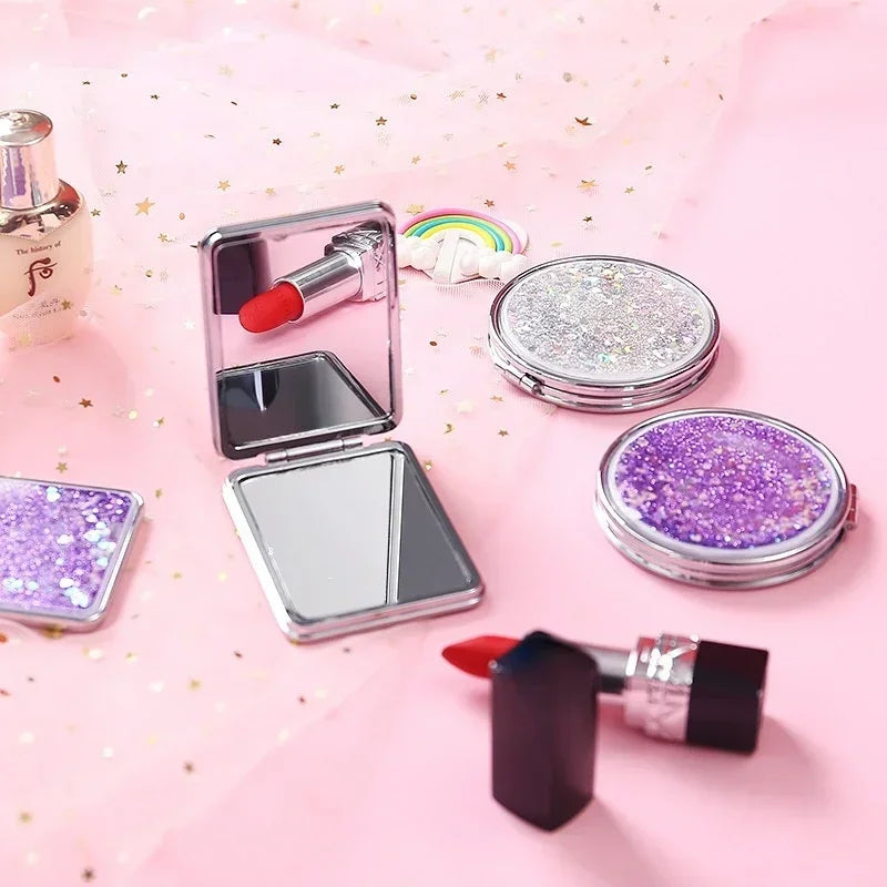 Portable Double-Sided Folding Cosmetic Mirror Female Gifts with Flowing Sparkling Sand Mini Makeup Mirror Compact Pocket Mirrors