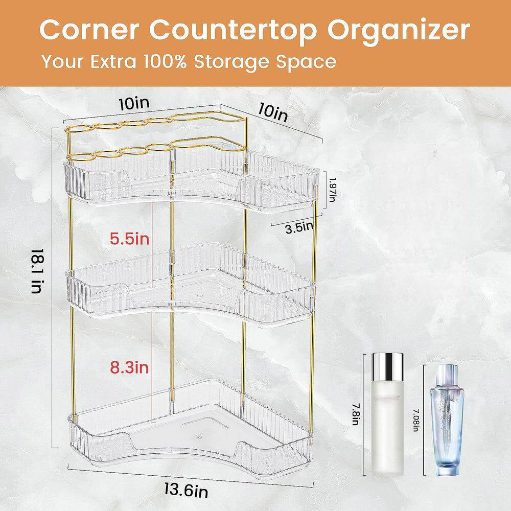 3-Tier Corner Countertop Vanity Organizer with Brush Holder in Clear for Bathroom Dresser and Vanity Cosmetic Storage