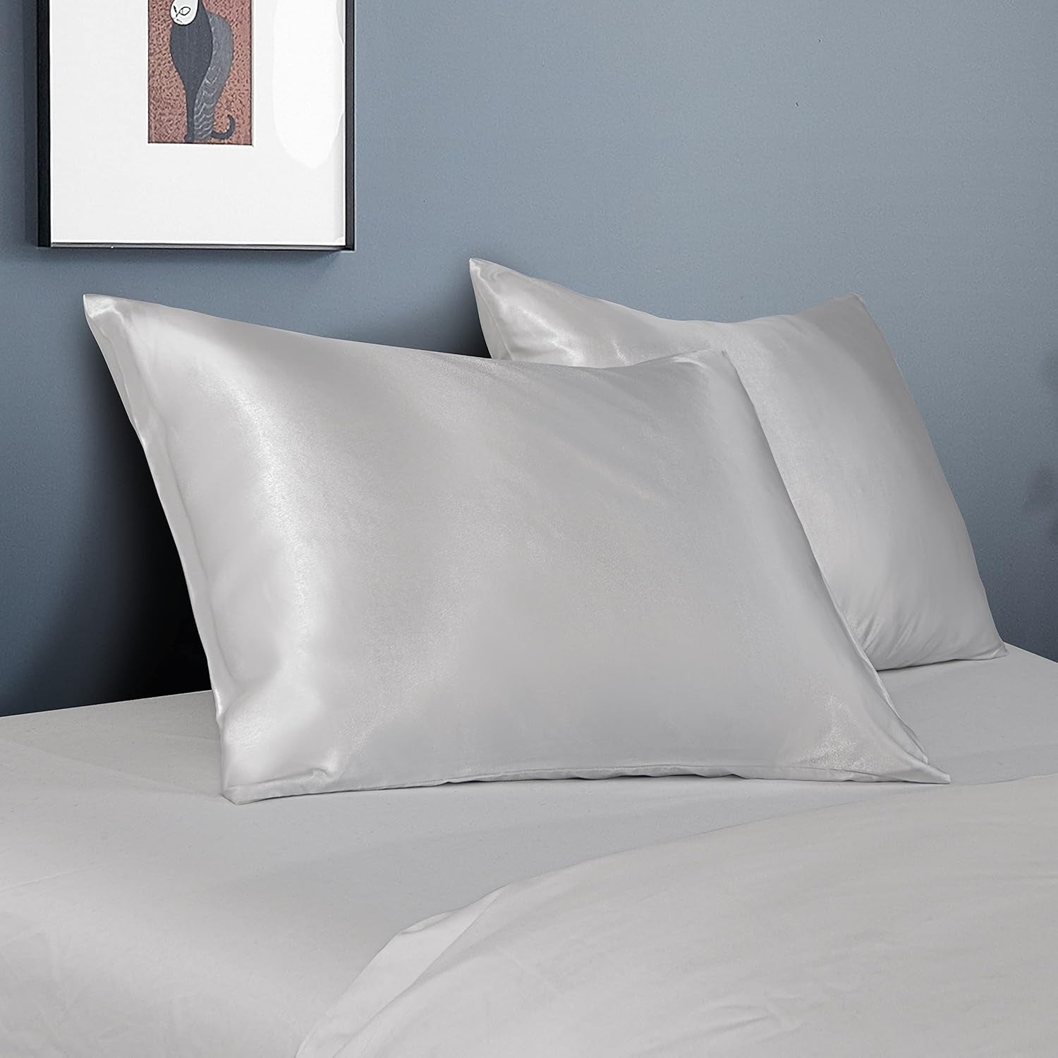 2 Pack Standard Silk Satin Pillowcases for Hair and Skin, Silky Soft and Luxurious Bedding Pillow Cases with Envelope Closure, 20X26 Inches, Silver Grey