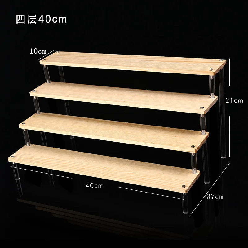 Solid Wooden Ladder Display Rack with Acrylic Pillars, Blind Box, Toy, Perfume, Jewelry Display Stand, Storage Shelf, 1-5 Tiers