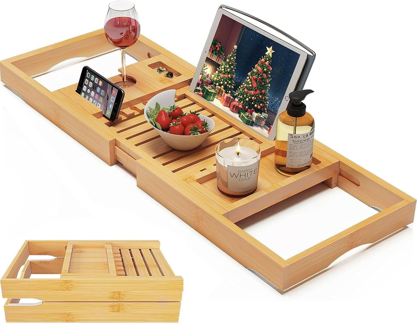 Foldable Bamboo Bathtub Caddy Tray Expandable for Luxury Bath Bath Accessories &