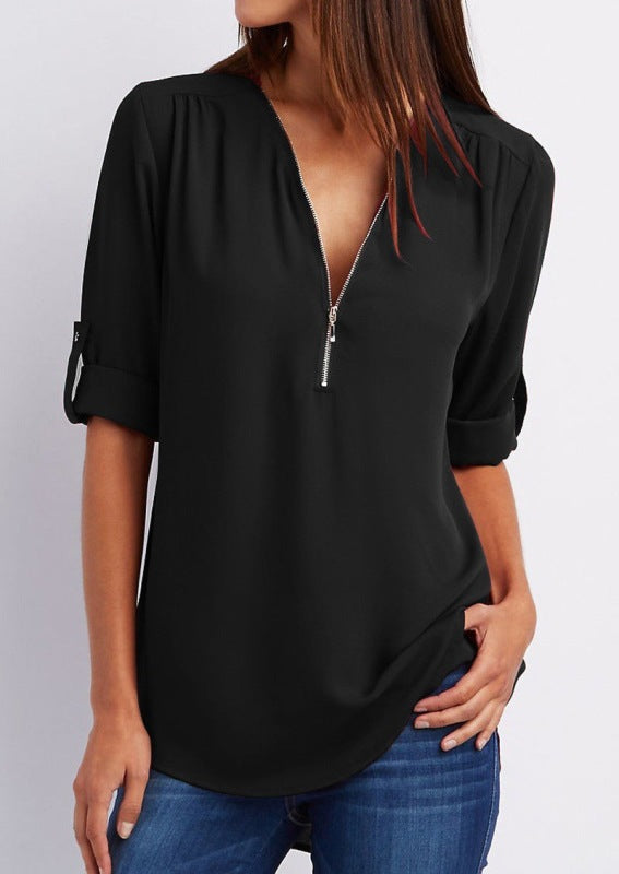 Lysandra V-Neck Zipper Large Size Women's Long-Sleeved Pull-Sleeve Loose Commuter Chiffon Shirt