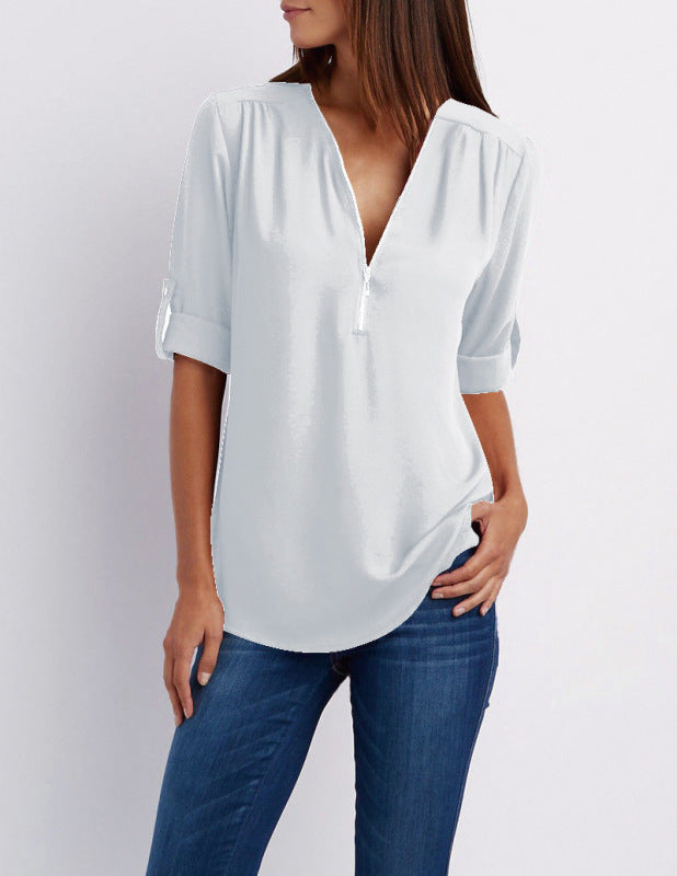 Lysandra V-Neck Zipper Large Size Women's Long-Sleeved Pull-Sleeve Loose Commuter Chiffon Shirt