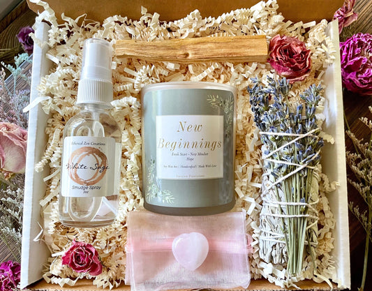 New Beginnings Cleansing Gift Box: Soy Candle, Sage, Rose Quartz