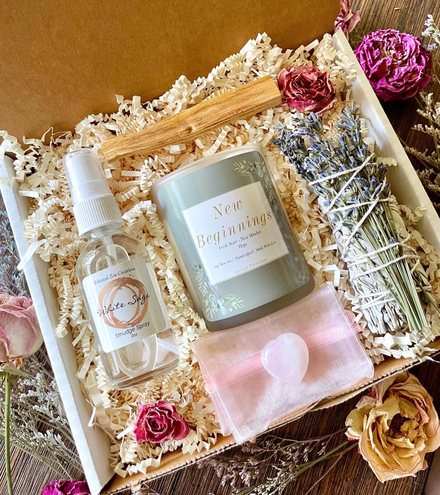 New Beginnings Cleansing Gift Box: Soy Candle, Sage, Rose Quartz