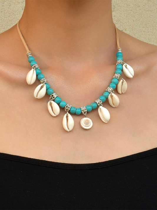 Bohemian Shell Pendant Turquoise Beaded Velvet Braided Adjustable Necklace For Men and Women