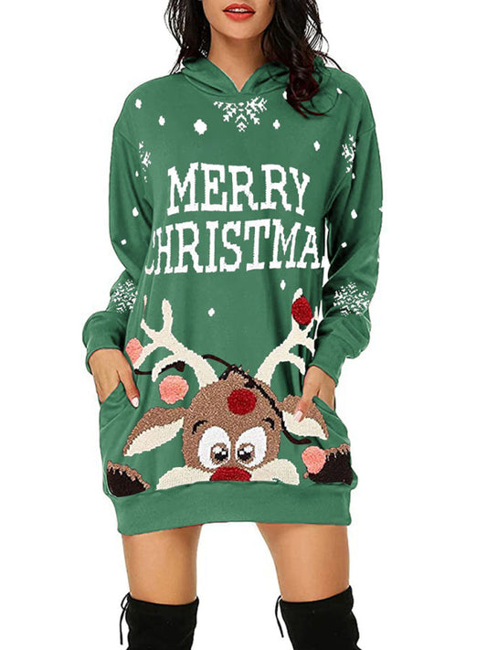 Gillian Holiday Knit Reindeer Print Hooded Sweatshirt