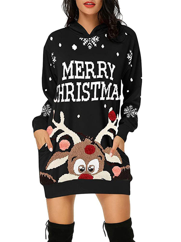 Gillian Holiday Knit Reindeer Print Hooded Sweatshirt