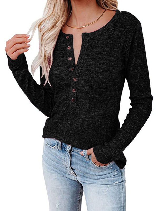 Micaela Women's Long Sleeve Henley Shirts V Neck Down Tops