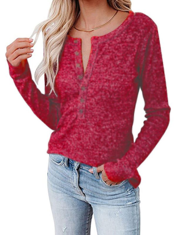 Micaela Women's Long Sleeve Henley Shirts V Neck Down Tops