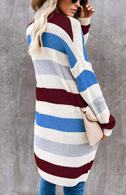 Jody Ladies Casual Fashion Striped Contrast Knit Cardigan
