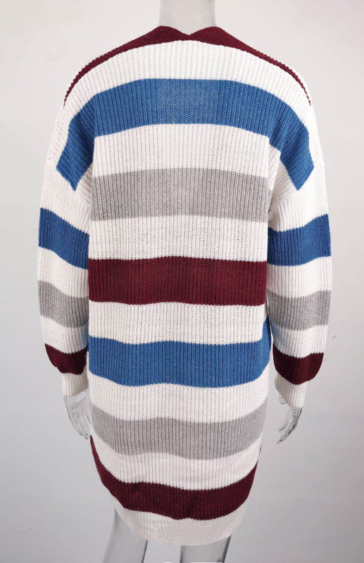 Jody Ladies Casual Fashion Striped Contrast Knit Cardigan
