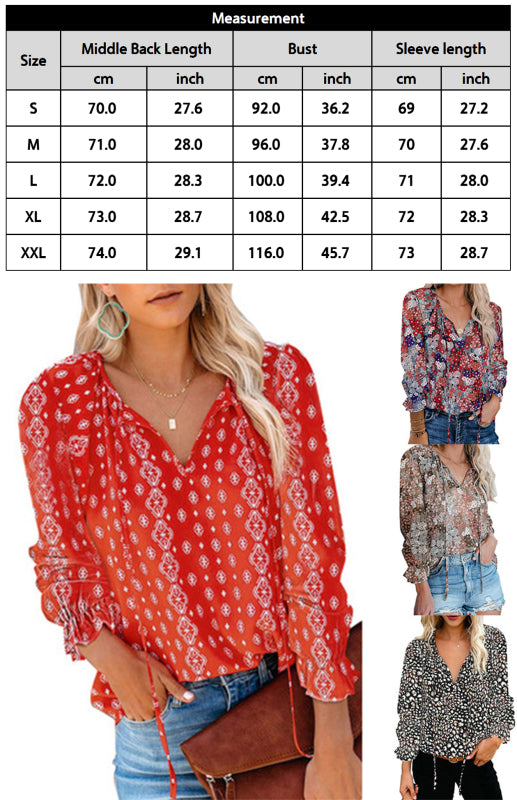 Analisa Ladies Casual Fashion Printed Shirts V Neck Long Sleeves